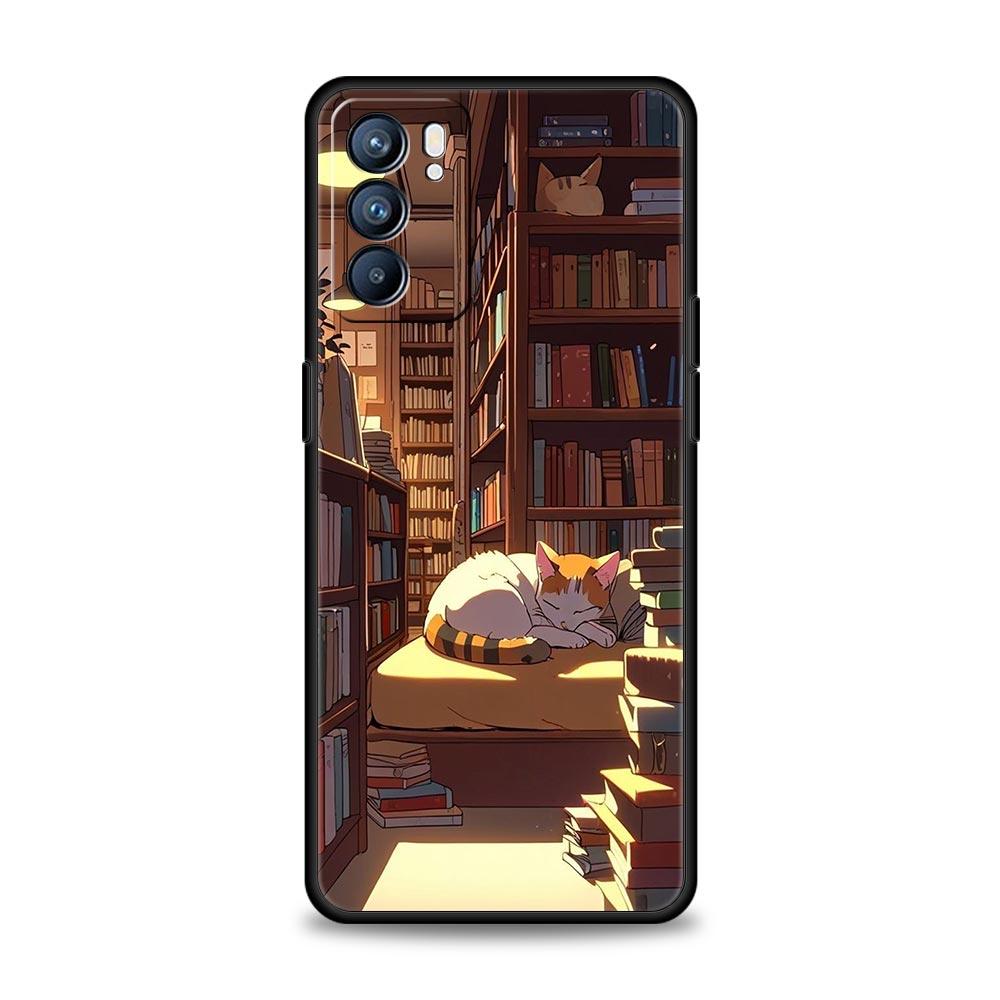 Handyhülle für Oppo A17 A31 A54 A57 A78 A79 Find X5 X6 Reno 7 8 10 11 12 13 F Pro Weiches TPU Niedliches Schmetterling Katze Bücherregal Design