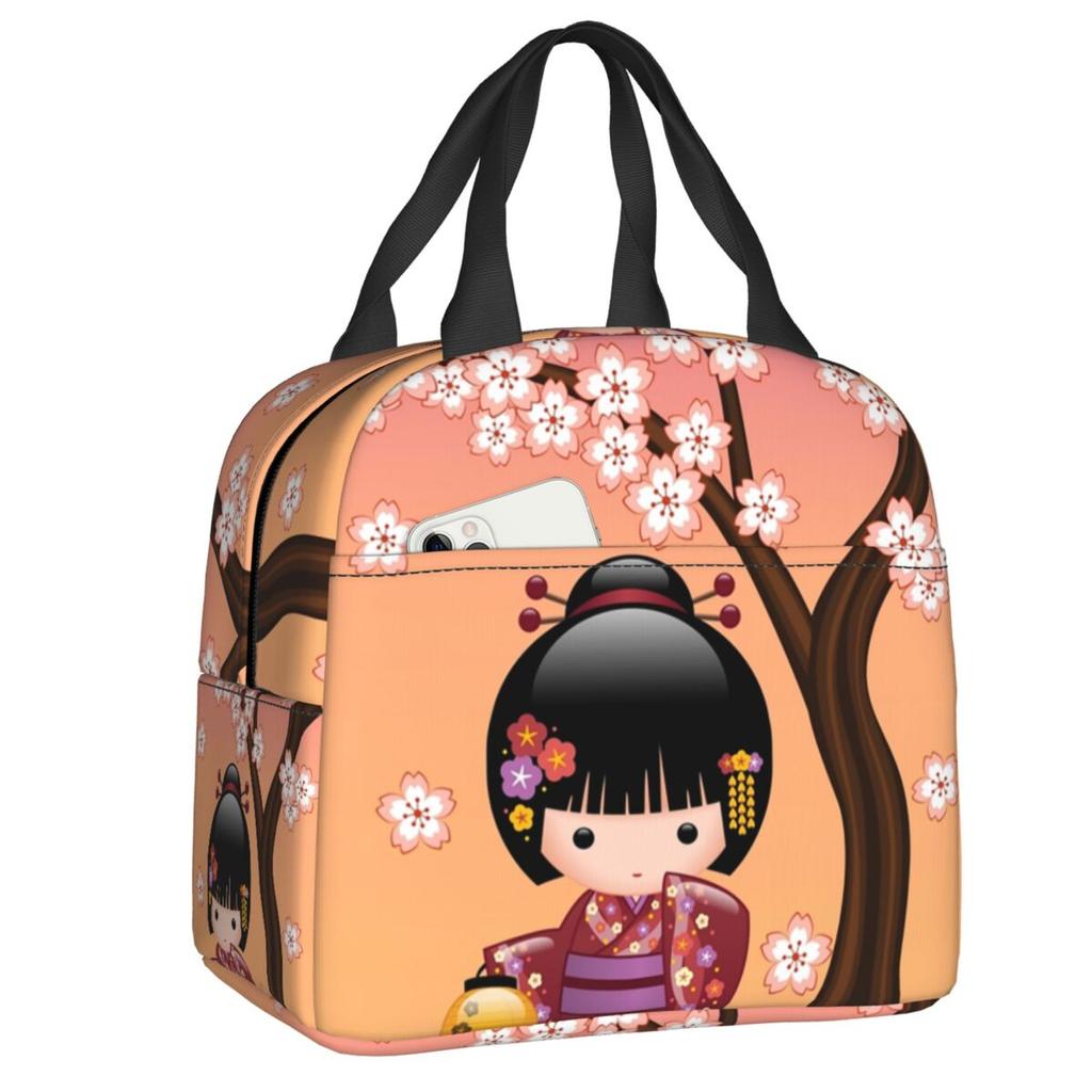 Custom Japanese Girl Sakura Kokeshi Doll Lunch Bag Men Women Warm Cooler Insulated Lunch Box for Kids School Children