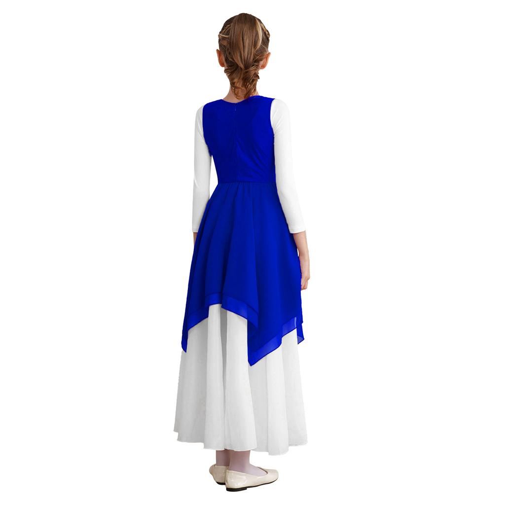 Girls Lyrical Dance Dress Color Block Sleeveless Asymmetric Hem Worship Celebration Costume