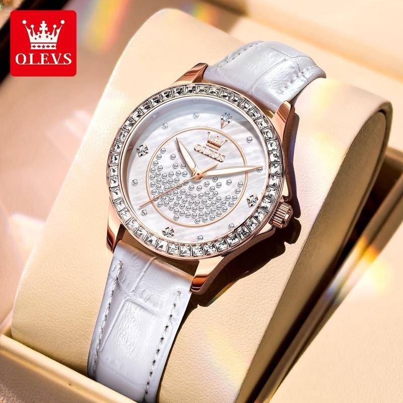 

OLEVS Quartz Watch for Woman Fashion Leather Strap Waterproof Elegant Full Diamond Luxury Original Ladies Dress Wristwatch розового золота/белый