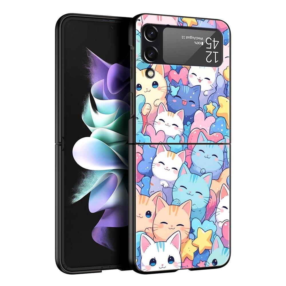 Colorful Cat Design Hard PC Phone Case For Samsung Galaxy Z Flip 7 6 5 4 Black Cover For Galaxy Z Flip 3 Foldable Shell Fundas