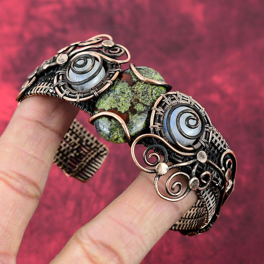 Dragon Bloodstone Cuff Bracelet Copper Wire Wrapped Adjustable Bangle Moonstone Copper Wire Jewelry Gifts For Her Handmade Gemstone Jewelry