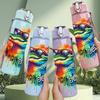 1PC Rainbow Smoke Wolf Animal Art Print 750ml Color Plastic Sports Water Bottle Leakproof Flip Straw Lid Suitable for Sports Office Home Use