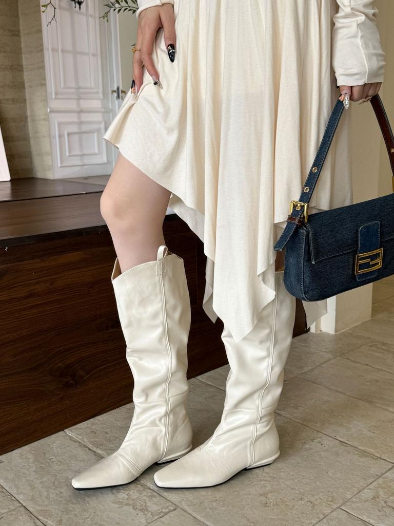 Autumn and winter square head low heel but knee high knight boots lychee pattern big tube circumference boots