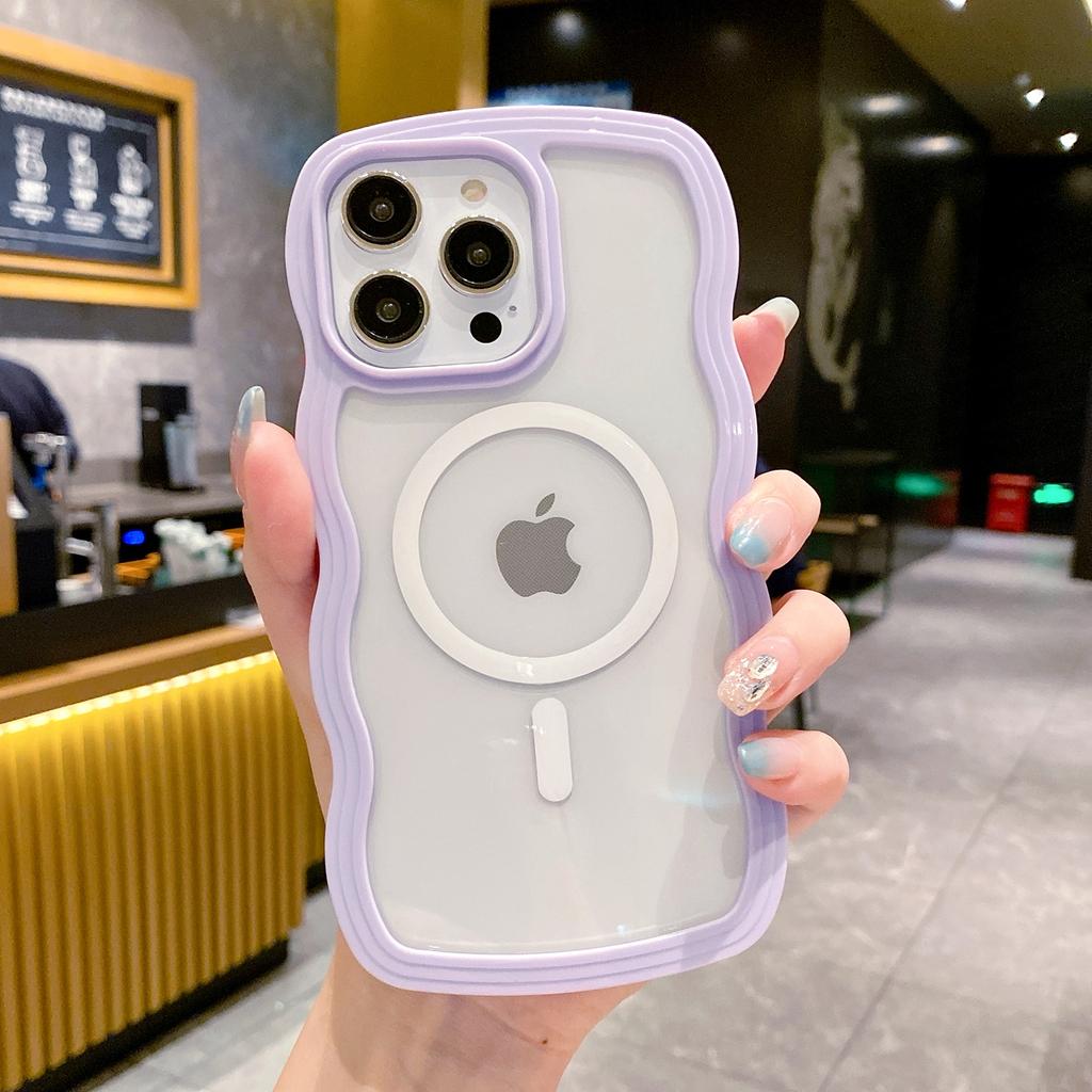Cute Transparent Magnetic Phone Case For iPhone 16 15 14 13 12 11 Pro Max 15 16 Plus For Magsafe Charge Wave Frame Protect Cover