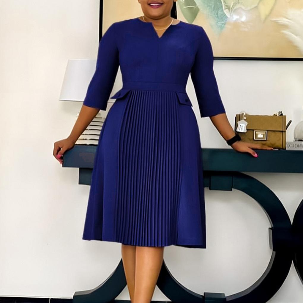 Fashion Women Solid Color Summer Dress Plus Size Cross Border African Dress Pleated Three Quarter Sleeves