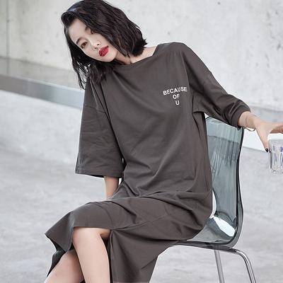 French Retro Summer Short-sleeved Long T-shirt Top Knee-length Dress Women's Print Loose Lazy Style Long Dress Tide