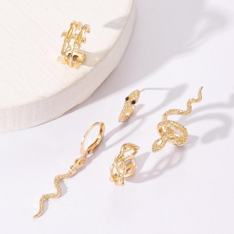 Minimalist Snake Leaf Design 5-Piece Ear Cuff Set Women Non-Piercing Alloy Earring Clip Studs