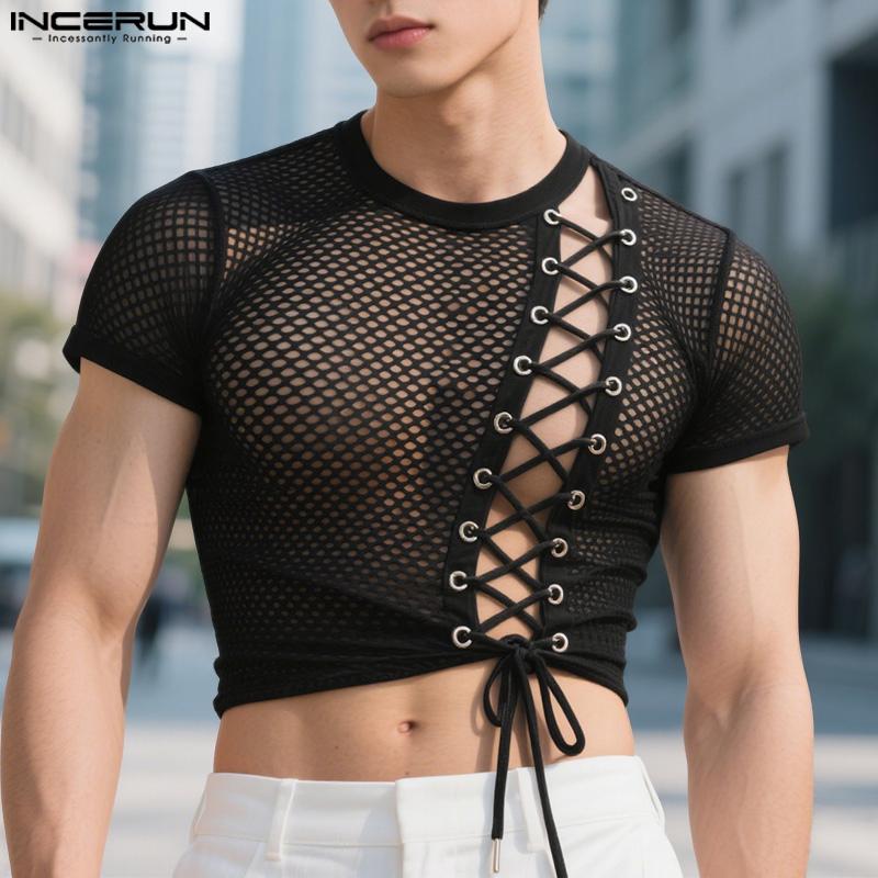INCERUN Men O Neck Short Sleeve Side Bandage Mesh Sheer Fitted Cropped T-shirts
