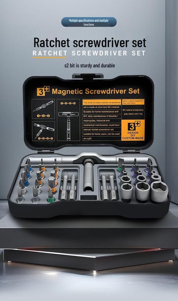 34-in-1 Knarrenschraubendreher-Set mit S2-Bits: Sechskant, Torx, Kreuzschlitz, Schlitz – Rechts-/Linkslauf für den Haushalt