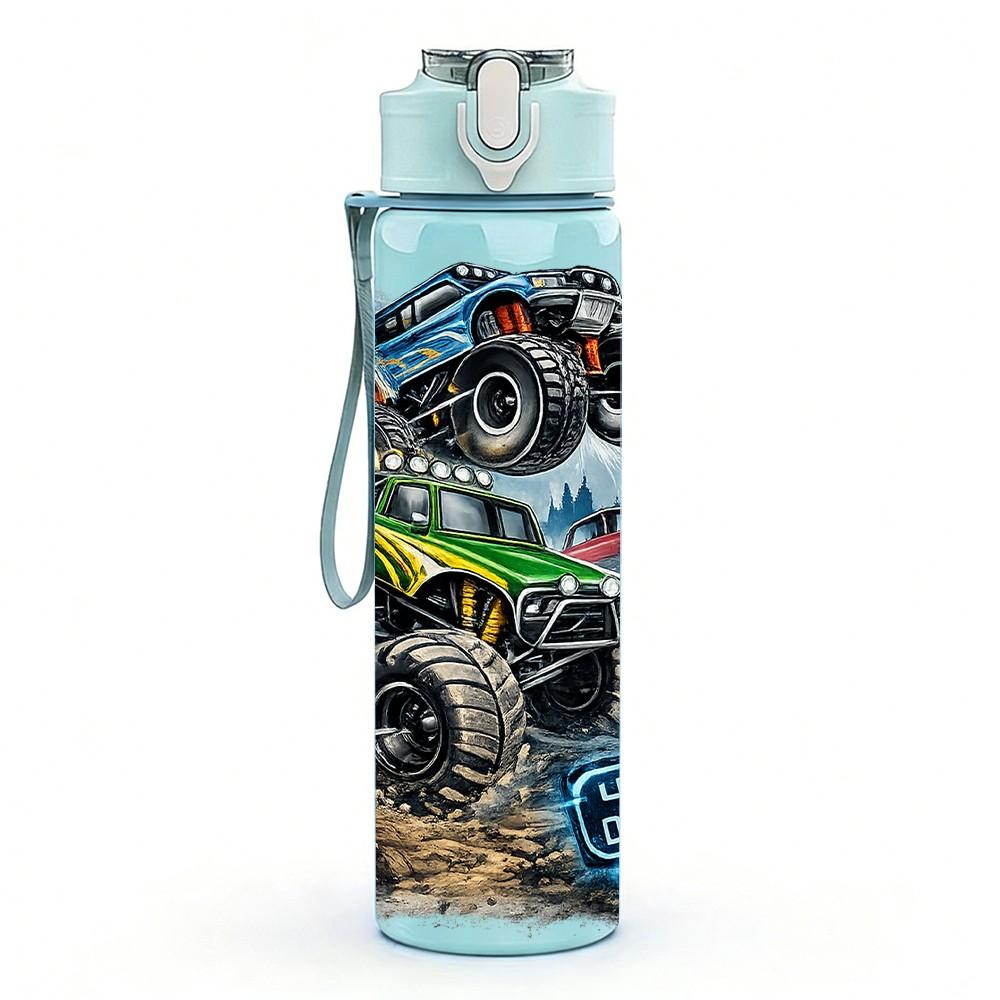 1PC Off Road Monster Truck Graffiti Print 750ml Color Plastic Sports Water Bottle Leakproof Flip Straw Lid Suitable for Sports Office Home Use