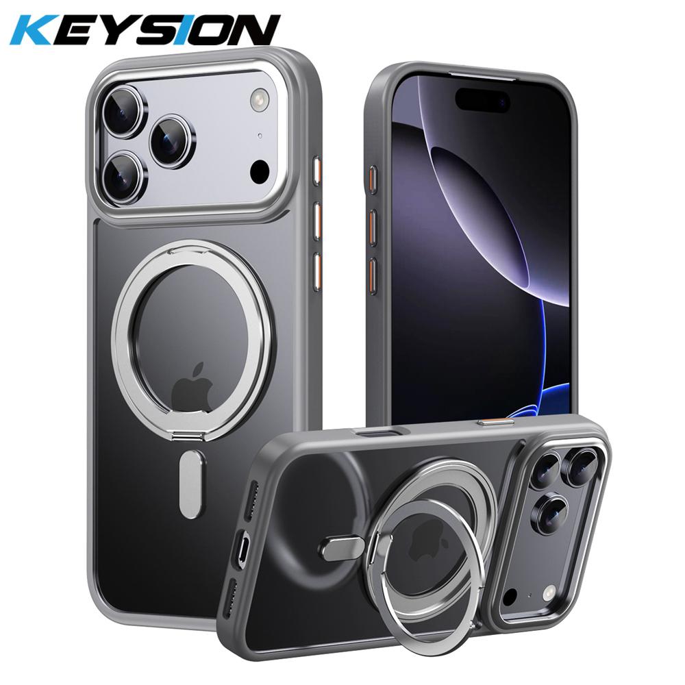 

KEYSION Shockproof Transparent Matte Case for MagSafe for iPhone 17 Pro Max 360° Magnetic Ring Stand Wireless Charging Phone Back Cover for iPhone 17 Pro Max серый