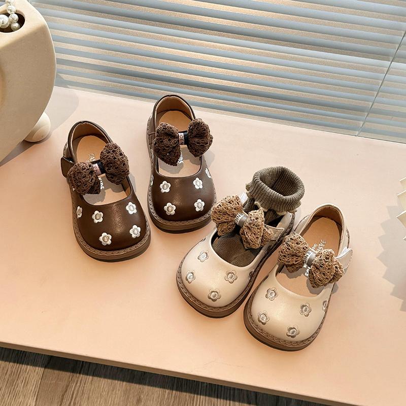 Autumn Girl's Mary Janes Flroal Shallow Bowknot Classic Kids Leather Shoes Matte Pu Leather Beige Brown Children Flat shoe 21-30