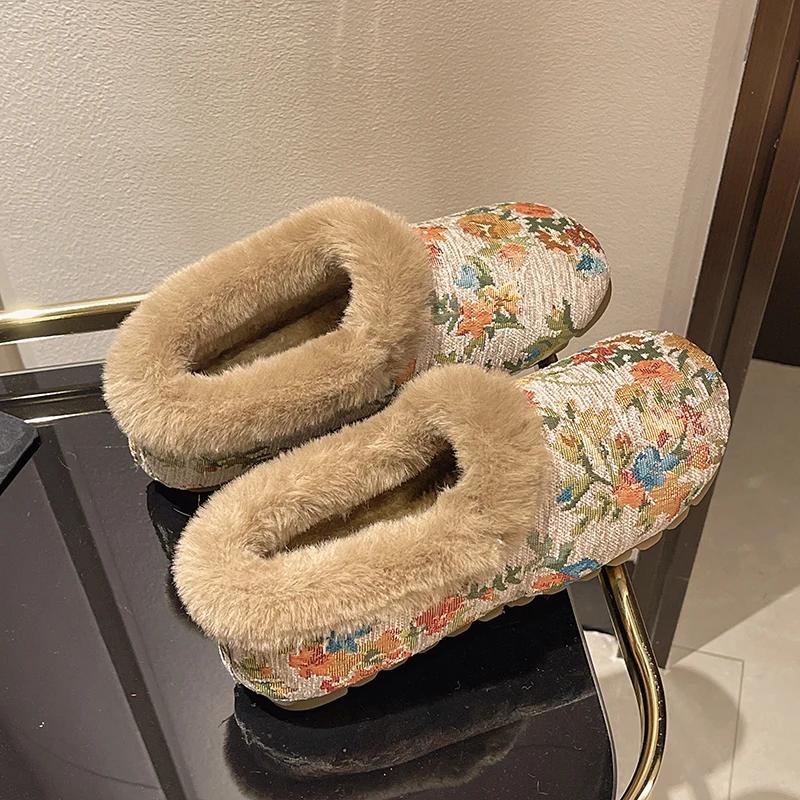 Flats Women Shallow Warm Boots Winter Knitting Embroider Fashion Designer New 2025 Trend Women Shoes Cozy Short Plush Snow Boots