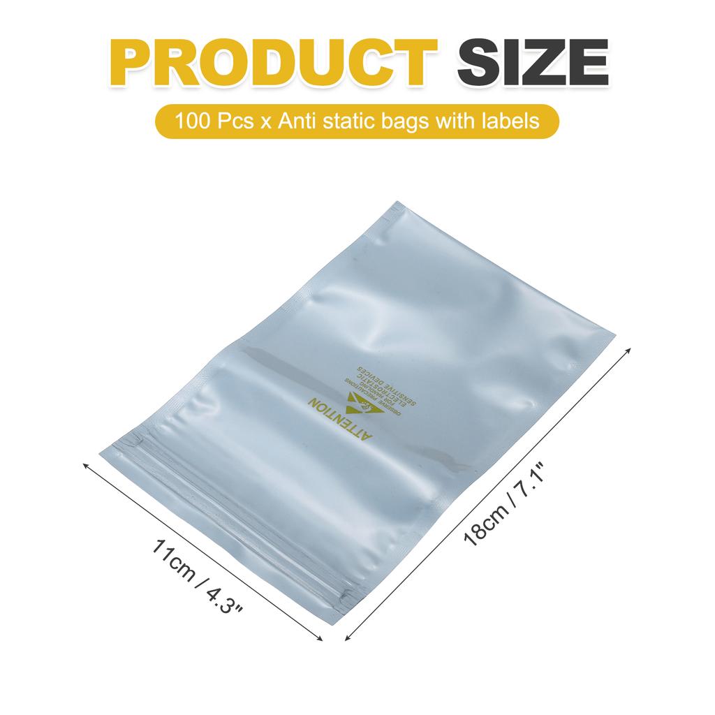100 Pcs Anti Static Bags Resealable ESD Shielding Bag with Labels for Hard Drive HDD SSD Electronic Device Silver Gray