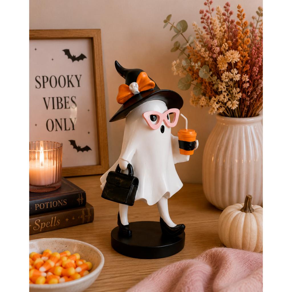 Halloween Ghost Figurine in a Hat with a Bag and Coffee 12.2x12.3x24.8