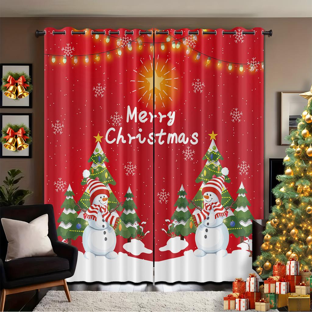 Set Of 2 Merry Christmas Snowman Print Red Curtains Multiple Sizes Living Room Insulation Easy Install Curtain Darkening Polyester Machine Washable