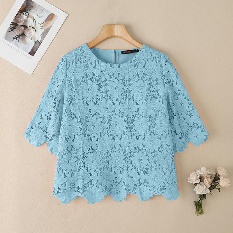 

ZANZEA Женская повседневная блузка с полым кружевом, крючком, пэчворк, летняя, с рукавом до локтя S