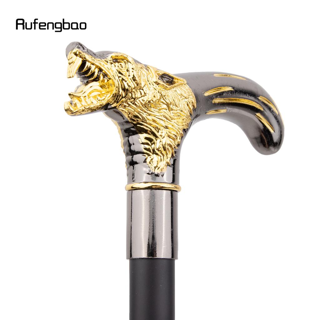 Golden Black Wolf Head Biting Walking Cane Fashion Decorative Walking Stick Gentleman Elegant Cosplay Cane Knob Crosier 92cm