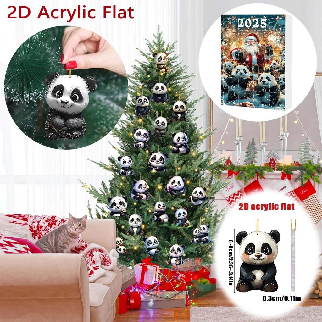 Weihnachts-Panda Adventskalender 24 Stück 2D Panda-Ornament Weihnachtsbaum Panda-Spielzeug Anhänger Panda-Thema Countdown-Kalender