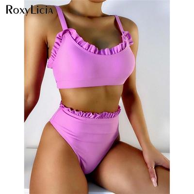 Ruffled Frilled High Waist Bikini Female Swimsuit Women Swimwear Two-pieces Bikini Set Padded Bather Bathing Suit