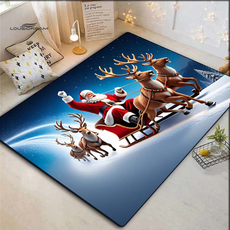 Santa Claus Reindeer Sleigh Snowy Starry Sky Print Area Rug Non‑Slip Rectangular Floor Mat Home Decor