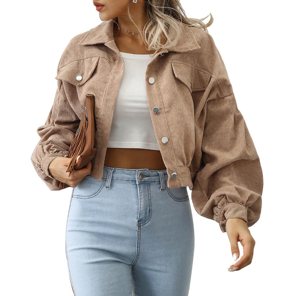 Cropped Corduroy Jackets Women Single Breasted Overcoat Coat Fashion Lantern Sleeve Vintage Autumn Winter Women Jacket