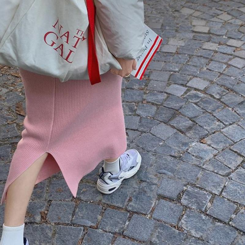 Women's Fleece-Lined Thickened Mink Fur Knitted Half Skirt Solid Color Versatile Minimalist High Waist Bodycon Pencil Straight Skirt with Split