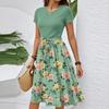 Dámské ležérní módní šaty s páskem, s květinovým potiskem, s krátkým rukávem, s kulatým výstřihem, elegantní