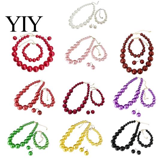 Faux Pearl Earrings Necklace 3Pcs/Set Imitation Pearls Jewelry Set, Adjustable Length Choker with Ear Studs Wedding Bracelet And Bracelet, Set