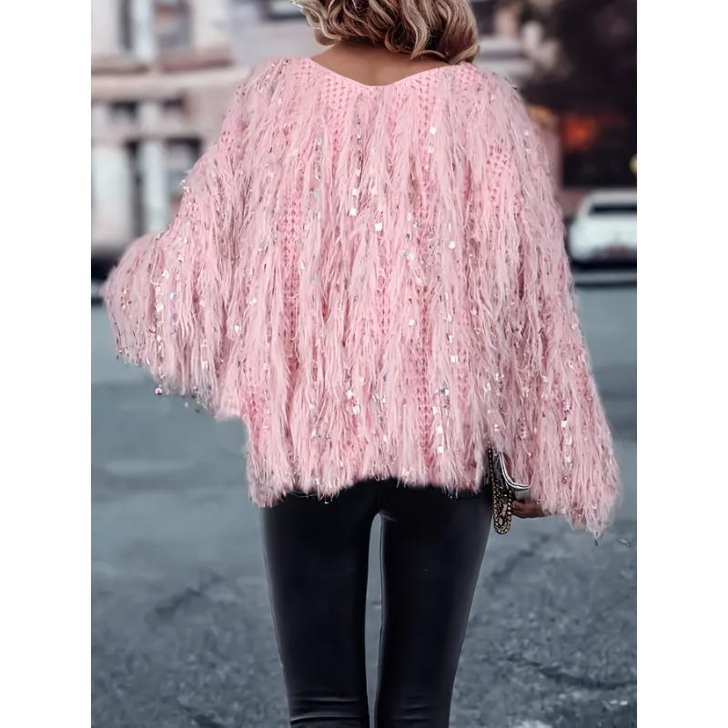 Women's Long Sleeve V-Neck Tassel Sweater, Fashionable Casual Pullover