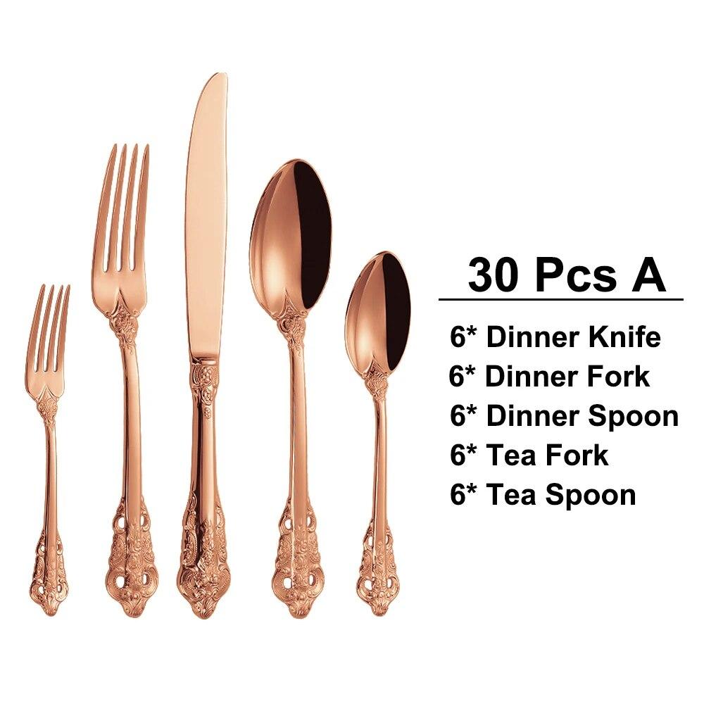 24/30Pieces Gold Cutlery Set Stainless Steel Vintage Western Dinnerware Luxury Tableware Engraving Forks Knive Spoons Sliverware