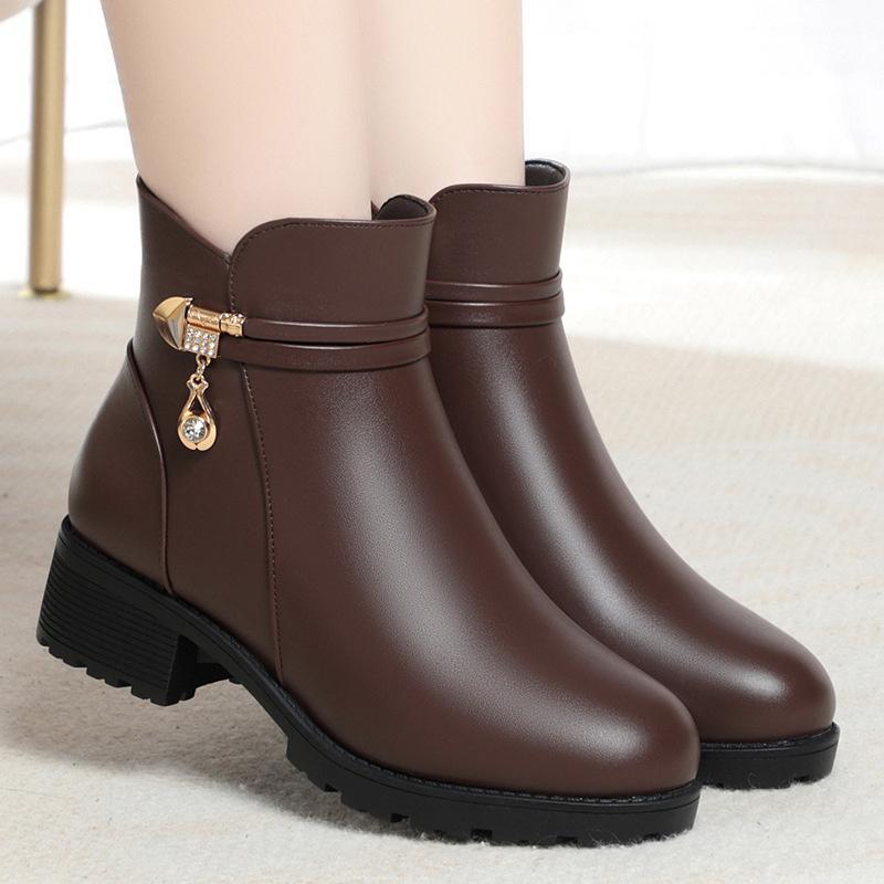 Autumn New Fashion Women Soft Leather Ankle Boot High Heels Zipper Shoe Plush Velvet Warm Fur Winter Short Leather Boots