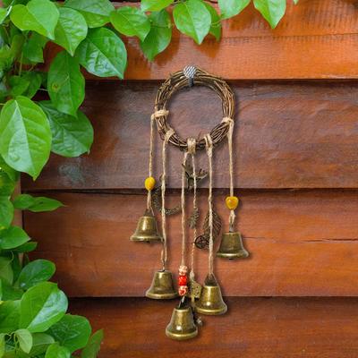 Door Knob Witch Bell Home Protection Handmade Hanging Brass Bell Rattan Wreath Witchcraft Door Hanger