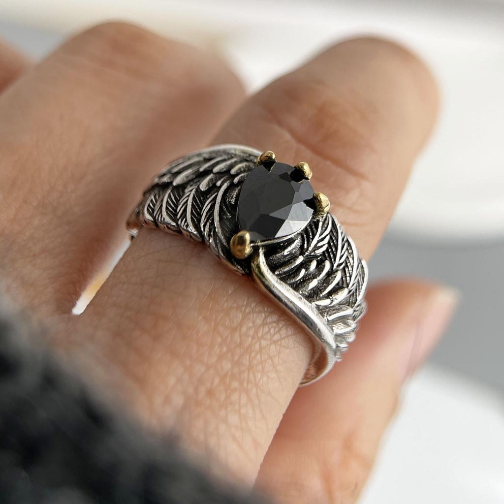 Xiaomi 925 Sterling Silver Rings for Women Couple Minimalist Handmade Simple Wing Black Stone Ring Fine Jewelry Gift Prevent Allergy