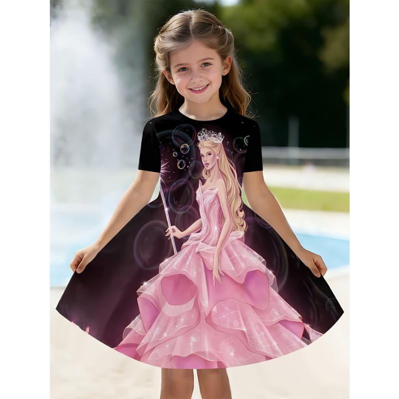 

Elegant 3D Printed Unicorn Short-Sleeve Dress for Girls, Round Neck Flowing Summer Casual Dress 110