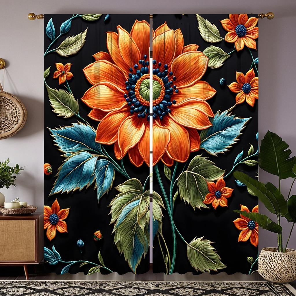 2pcs HD Black Gorgeous Sunflower Curtain Black Digital Printed Curtain Home Decoration Style Decorate Living Room Bedroom Wea
