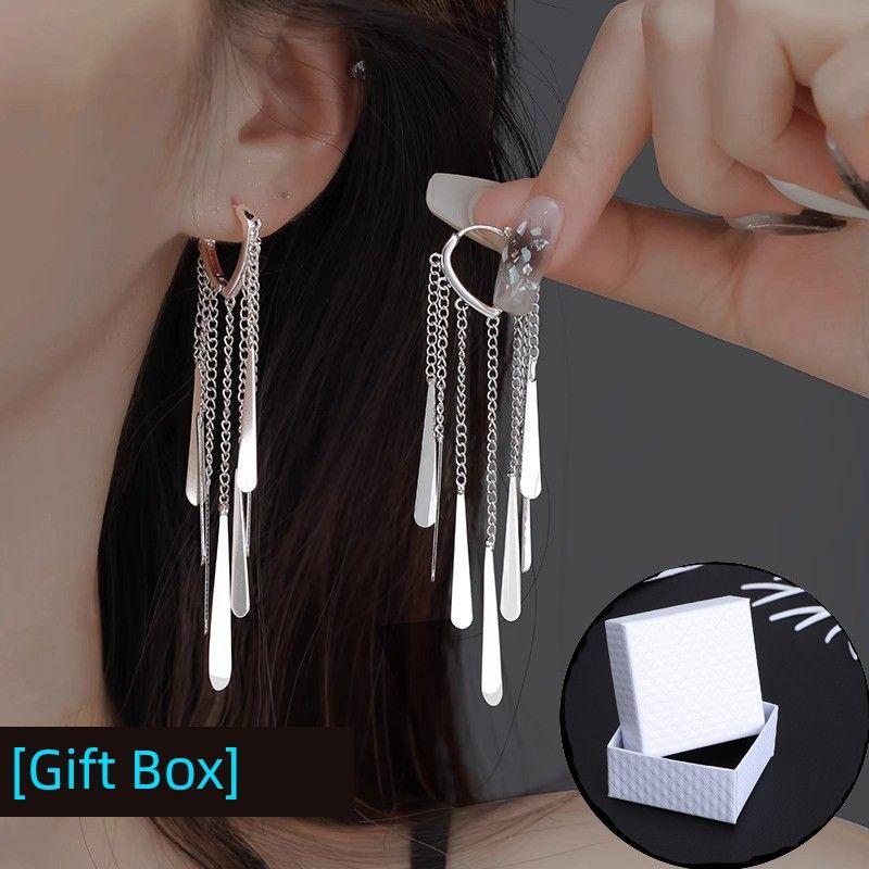 

Niche Style S925 Sterling Silver Long Classy Female Tassel Earrings Silver square tassel ear buckle a pair [gift box]]