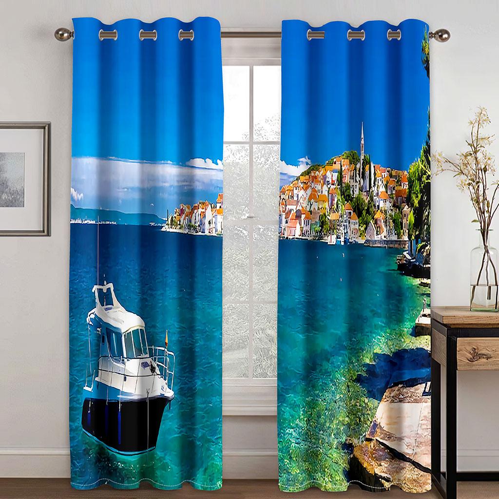 3D Printing Polyester Semi Sunshade Curtain, Cheap Thin Shading, Natural Sea, Beach Scenery, Bedroom, Living Room, Home Hook Dec