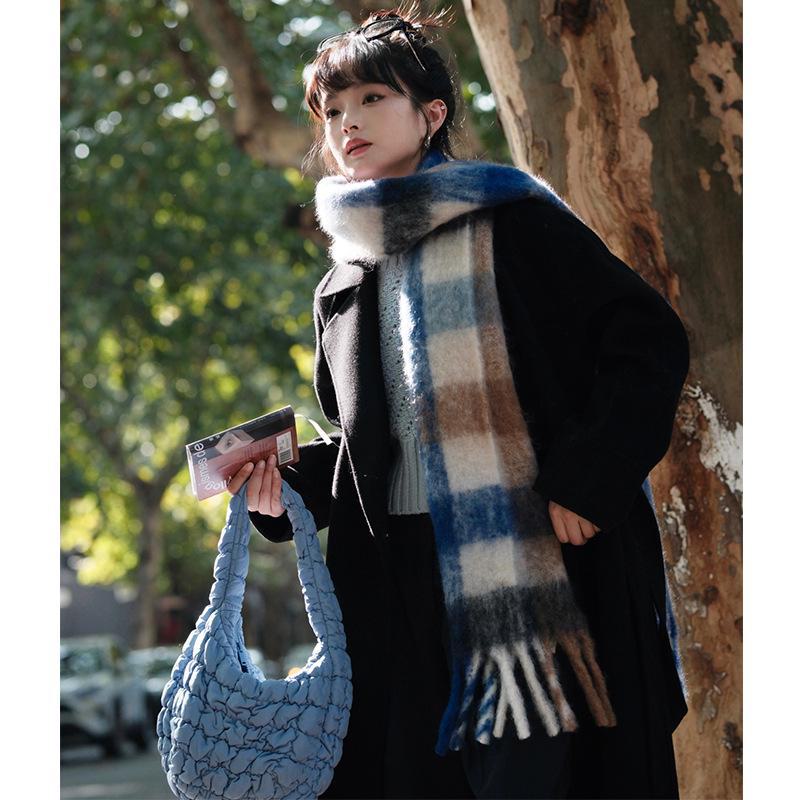 

2024 Autumn/Winter Plaid Mohair Wool Scarf with Tassels – Unisex & Warm Over 175cm