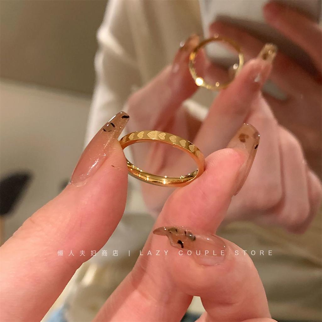 Sweet Gold Titanium Steel Full Circle Love Ring Female Niche Design High Sense Simple Plain Ring Ring Index Finger Ring Tide