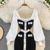 Retro Hepburn Style Waist Waist Square Collar Ladies Temperament Black and White Patchwork Buttock Knitted Dress