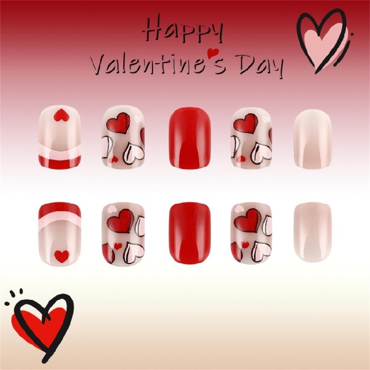 24pcs Valentines Nail Press On Nail French Tip Short Square Elegant Heart Designs Stick on Nail Manicure Nail Accesories