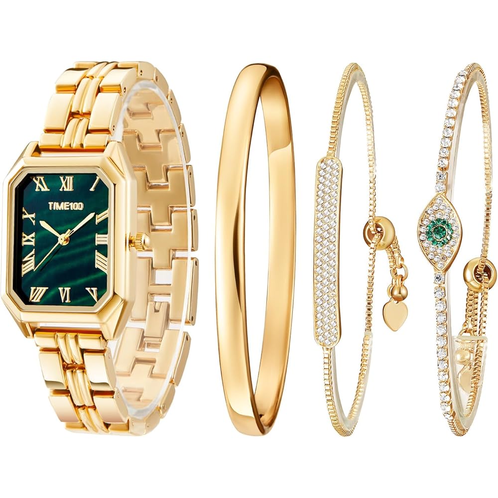TIME100 Gold Women s Quartz Watch Gift Set Elegant Stainless Steel with 3 Bracelets and Gift Packaging