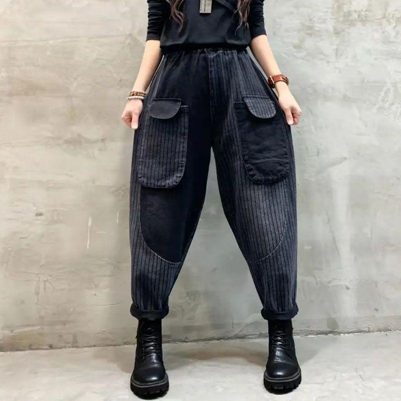 In-Stock 2023 Spring Fashion: Retro Printed Distressed Denim Harem Pants, Loose Fit, Plus Size