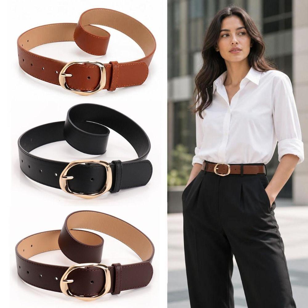 Faux Leather Waist Belt Oval Pin Buckle Waist Strap Classic Leather Waistband  For Women