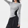 Thermal Velvet Color Block Round Neck Slim Fit Long Sleeve T-shirt for Women - Autumn Winter Waist-cinching Top