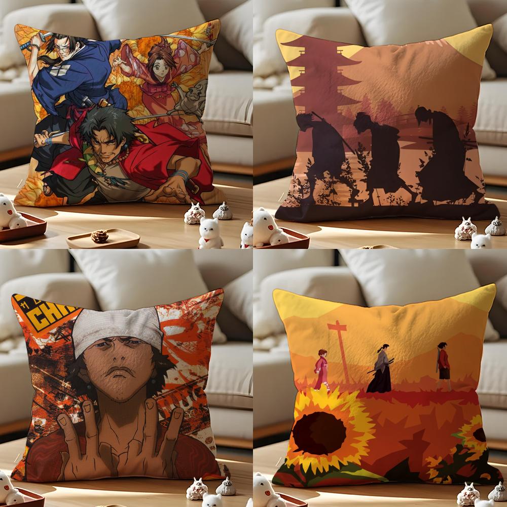 Anime Samurai Champloo Cushion Cover Anti-dustmite Pillowcase Invisible Zipper Silky Short Plush Sofa Cushion Cover