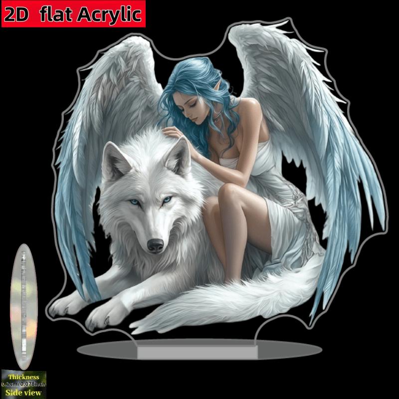 2D Flat Classic Style Acrylic Angel & Wolf Desktop Decoration, Suitable for Wall Decoration, Porch, Room, Villa, Accents Home, Hallway, or Workplace -