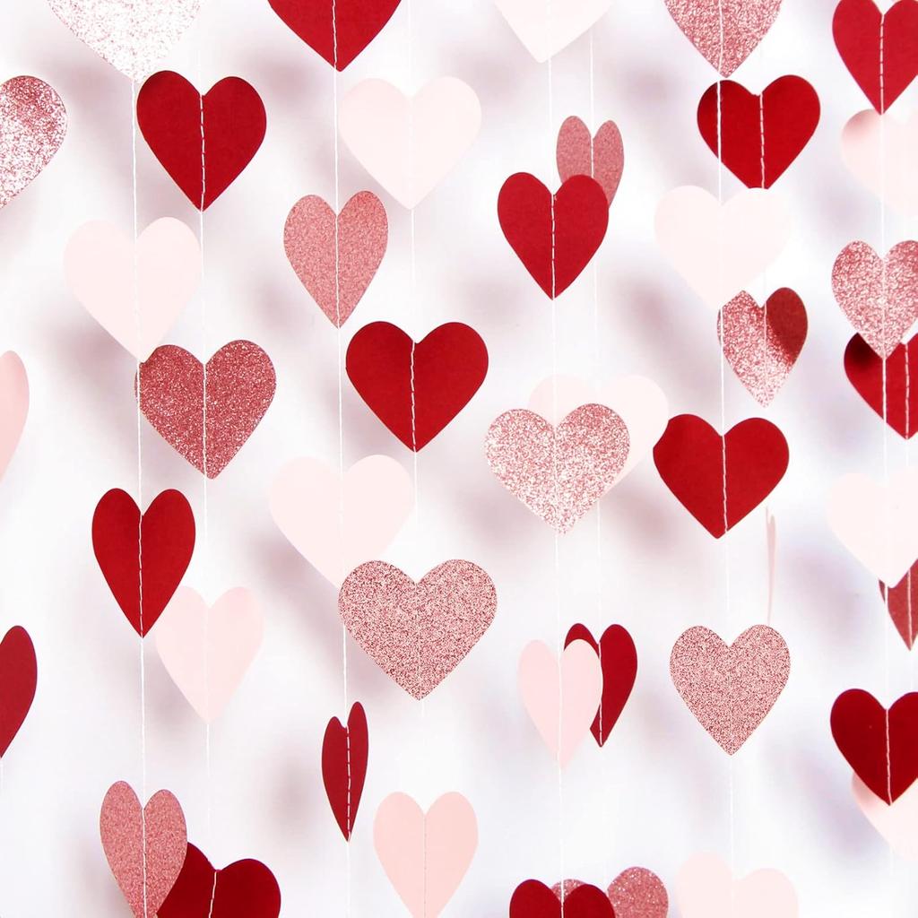 Rose-Gold Pink Burgundy-Red Party-Decorations Garland - 52Ft Heart Paper Streamers Banner, Valentines Mothers Day Bachelorette Bridal Shower